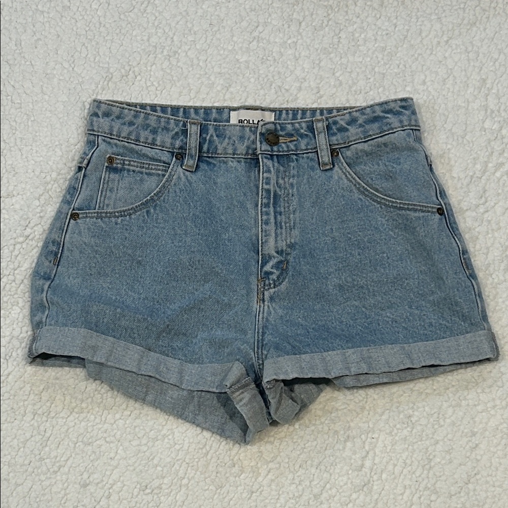 Rolla's Dusters High Rise Slim Cuffed Denim Shorts size 27 Medium Blue Wash